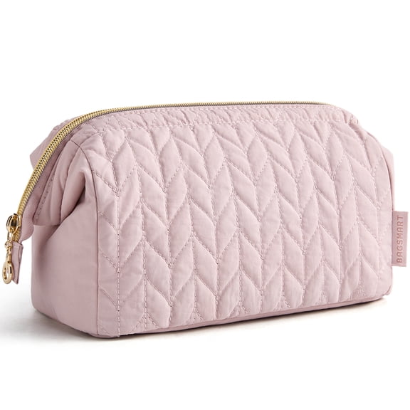 BAGSMART Wide-open Makeup Bag Cosmetic Pouch Organizer Travel Toiletry Bag Essentials Accessories for Women Girls, Leaf Quilted - Pink