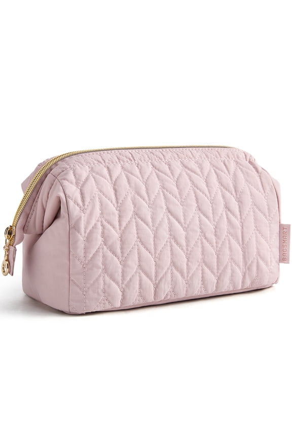 Wide-open Makeup Bag Cosmetic Pouch Organizer Travel Toiletry Bag Essentials Accessories for Women Girls, Leaf Quilted - Pink