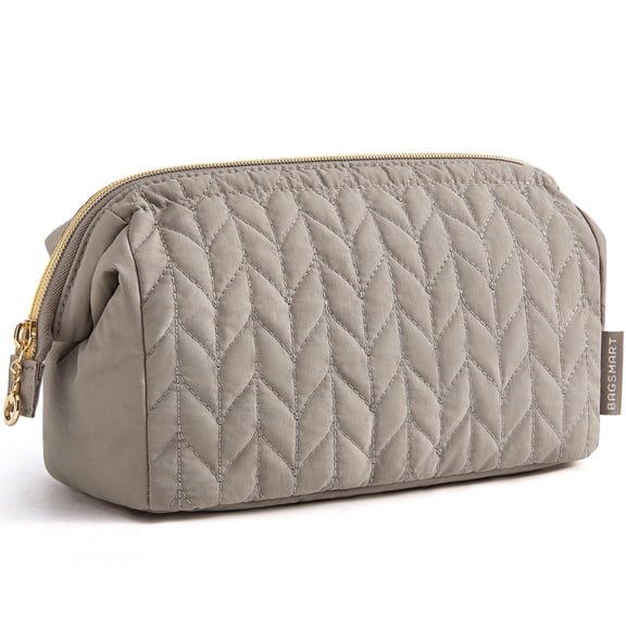 BAGSMART Wide-open Makeup Bag Cosmetic Pouch Organizer Travel Toiletry Bag Essentials Accessories for Women Girls, Leaf Quilted - Camel