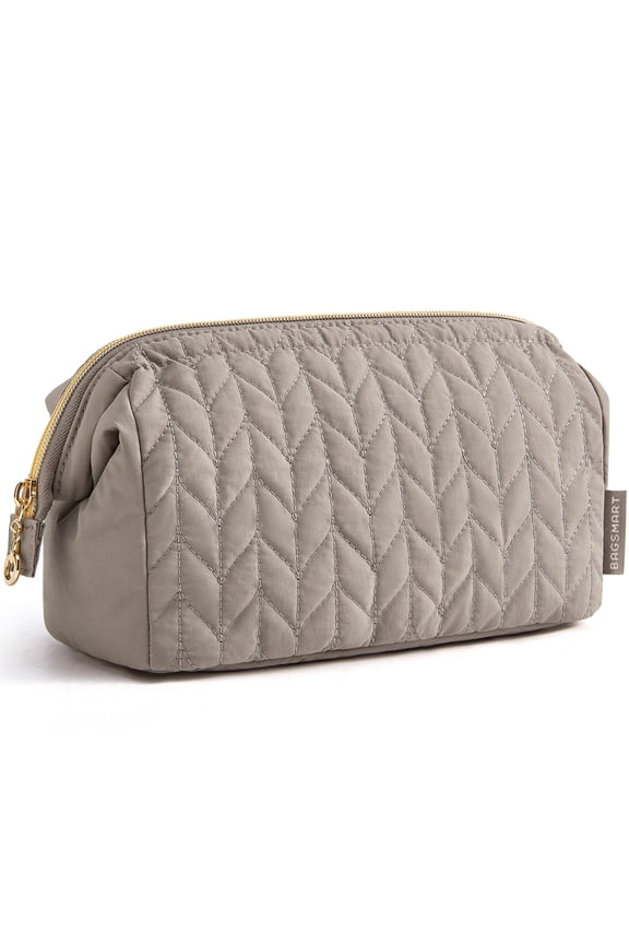 Wide-open Makeup Bag Cosmetic Pouch Organizer Travel Toiletry Bag Essentials Accessories for Women Girls, Leaf Quilted - Camel