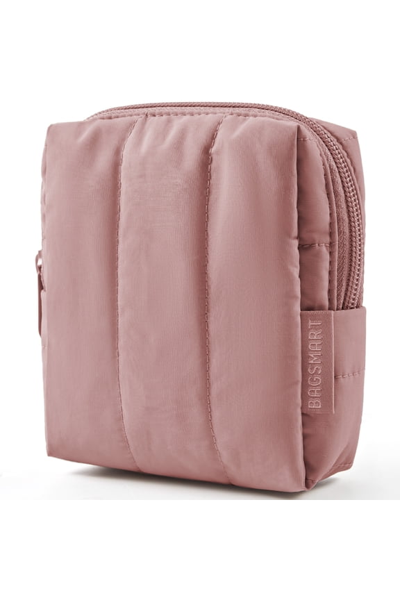 Small Travel Makeup Bag for Purse Toiletry Pouch, Puffy Padded Mini Cosmetics Bag, Cute Make Up Pouch for Women with Slip-in Pocket, Travel Essentials for Toiletries, Dark Pink
