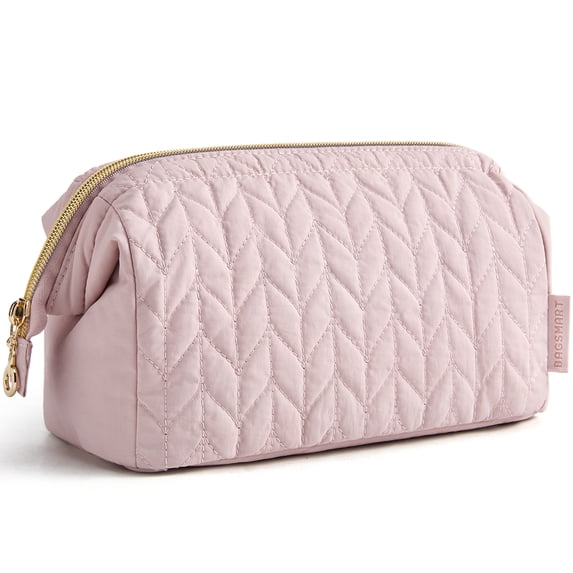 BAGSMART Wide-open Makeup Bag Cosmetic Pouch Organizer Travel Toiletry Bag Essentials Accessories for Women Girls, Leaf Quilted - Pink