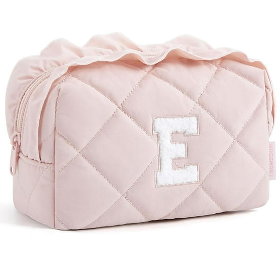 BAGSMART Small Makeup Bag, Travel Cosmetic Bags for Women, Puffy Makeup Pouch Organizer Case for Travel Essentials Toiletries Accessories Brushes, Letter E
