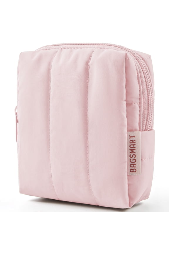Small Travel Makeup Bag for Purse Toiletry Pouch, Puffy Padded Mini Cosmetics Bag, Cute Make Up Pouch for Women with Slip-in Pocket, Travel Essentials for Toiletries, Pink