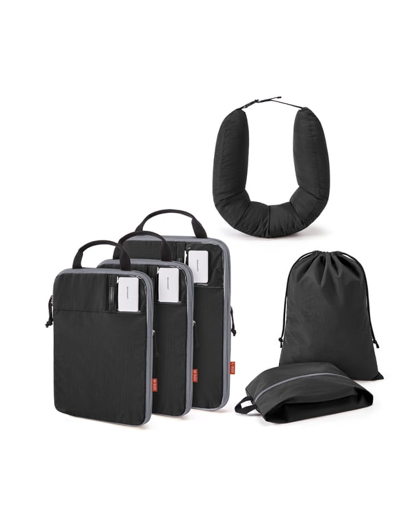 Compression Packing Cubes for Travel Luggage, 6 Pcs Lightweight Suitcase Storage Organizers with Neck Pillow and Laundry Bag, Black