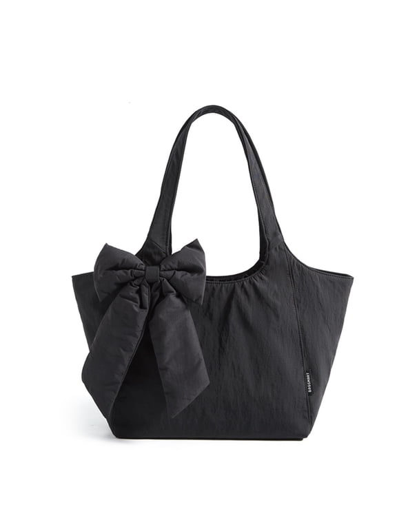 Tote Bag for Women, Lightweight Water-Resistant Puffer Tote Purse with Bowknot, Stylish Everyday Work Travel Shoulder Bag, Black