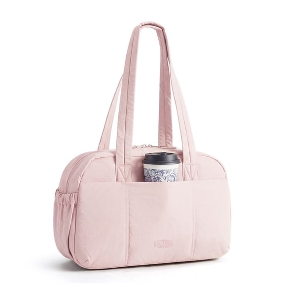 BAGSMART Casual Shoulder Bag for Women, Lightweight Tote Bag for 14-Inch Laptop, Quilted Handbag with Leak-Proof Front Cup Pocket for Work Commute Travel, Pink