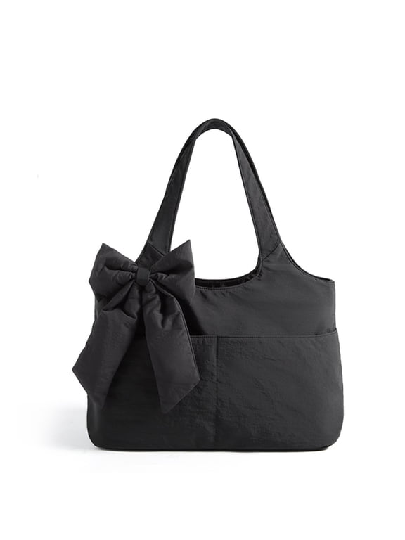 Women's Tote Bag with Bowknot Water-Repellent Ultra-Soft Shoulder Bag with Multiple Pockets for Travel, Commute and Gym, Black