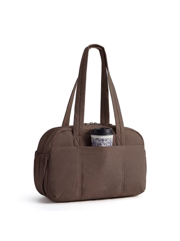 Casual Shoulder Bag for Women, Lightweight Tote Bag for 14-Inch Laptop, Quilted Handbag with Leak-Proof Front Cup Pocket for Work Commute Travel, Coffee Brown