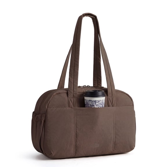 BAGSMART Casual Shoulder Bag for Women, Lightweight Tote Bag for 14-Inch Laptop, Quilted Handbag with Leak-Proof Front Cup Pocket for Work Commute Travel, Coffee Brown