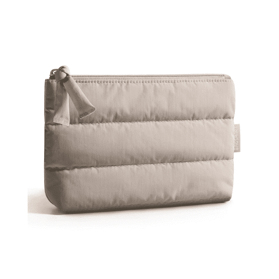 BAGSMART Small Makeup Bag, Puffy Portable Cosmetic Pouch with Charm Zipper, Water-Resistant Travel Organizer for Women, Camel