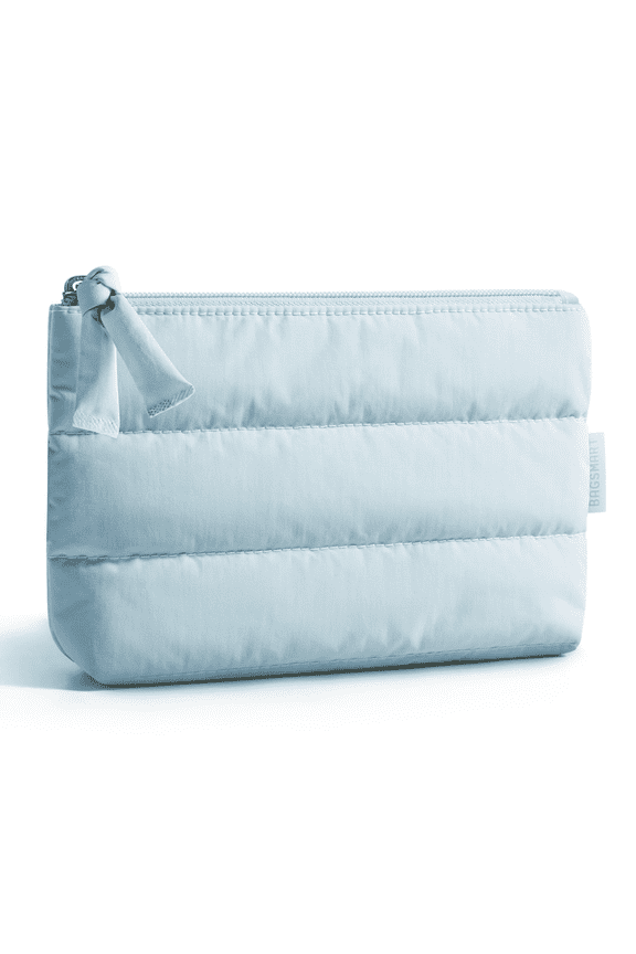 Small Makeup Bag, Puffy Portable Cosmetic Pouch with Charm Zipper, Water-Resistant Travel Organizer for Women, Light Blue