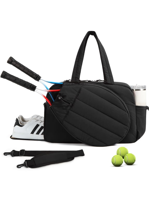 Tennis Gym Bag for Women, Tennis Bag Holds 2 Rackets with Shoe Compartment & Wet Pocket, Sports Duffle Bags fits up to 15.6" Laptop, Women Overnight Weekend Bag,Black