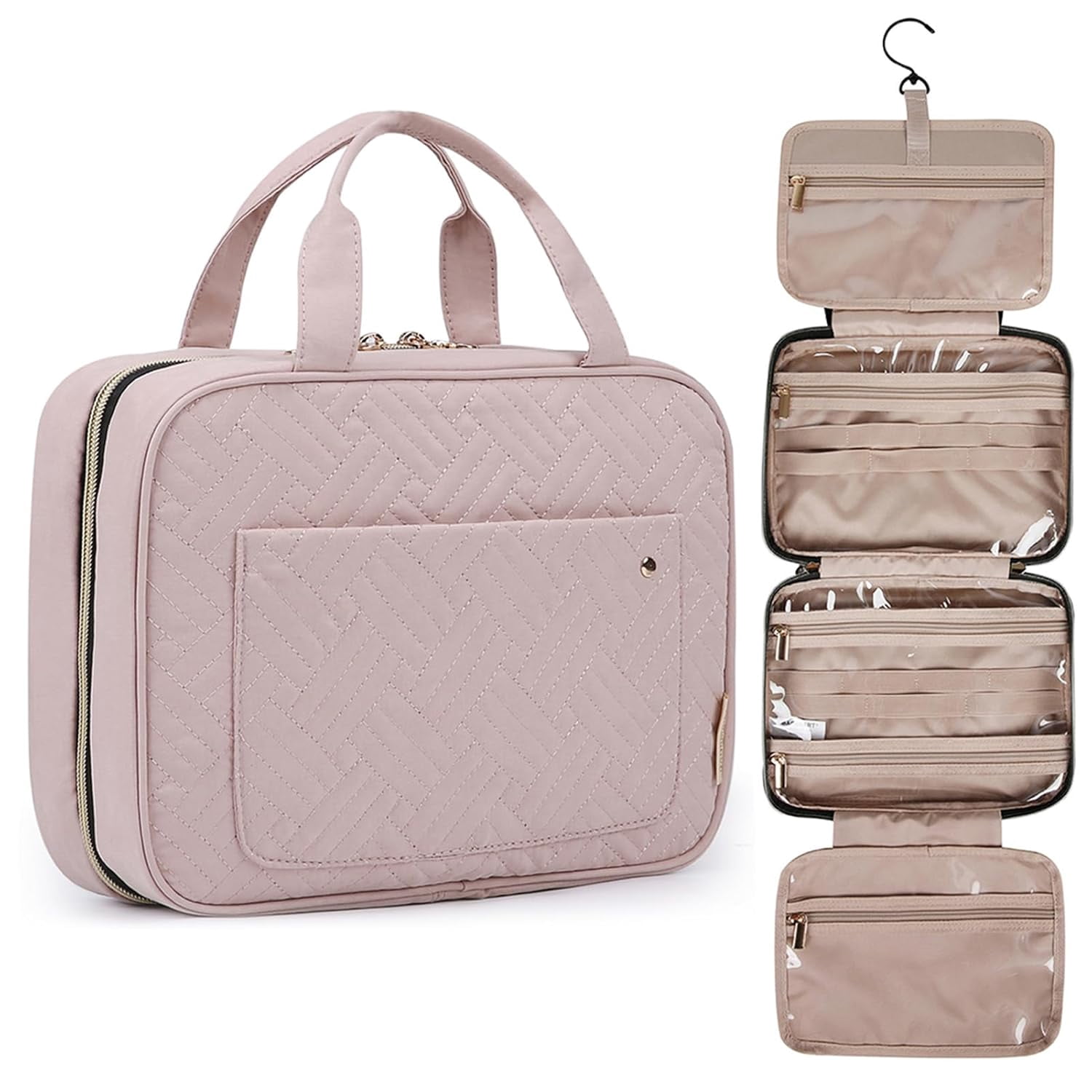 BAGSMART Toiletry Bag Travel with Hanging Hook, Water-resistant Makeup Cosmetic Organizer for Accessories, Shampoo, Full-size Container, Toiletries (Baby Pink, Medium)