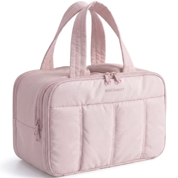 BAGSMART Travel Toiletry Bag, Puffy Large Toiletry Bag for Women, Lightweight Cosmetic Makeup Bag Organizer with Handle for Traveling, Accessories, Essentials, Toiletries,Pink