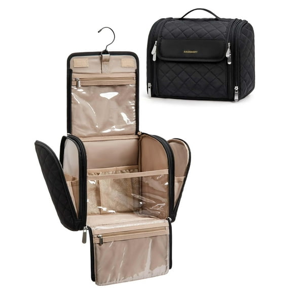 BAGSMART Makeup Bag for Women with Hanging Hook - Portable Cosmetic Case, Large Capacity Door Room Essentials Travel Organizer for Full Sized Cosmetics and Toiletries, Black