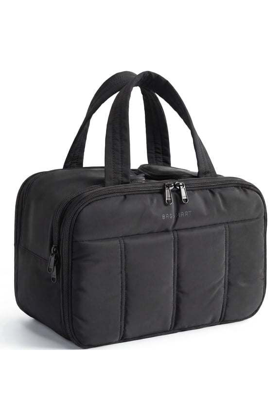 Travel Toiletry Bag, Puffy Large Toiletry Bag for Women, Lightweight Cosmetic Makeup Bag Organizer with Handle for Traveling, Accessories, Essentials, Toiletries, Black
