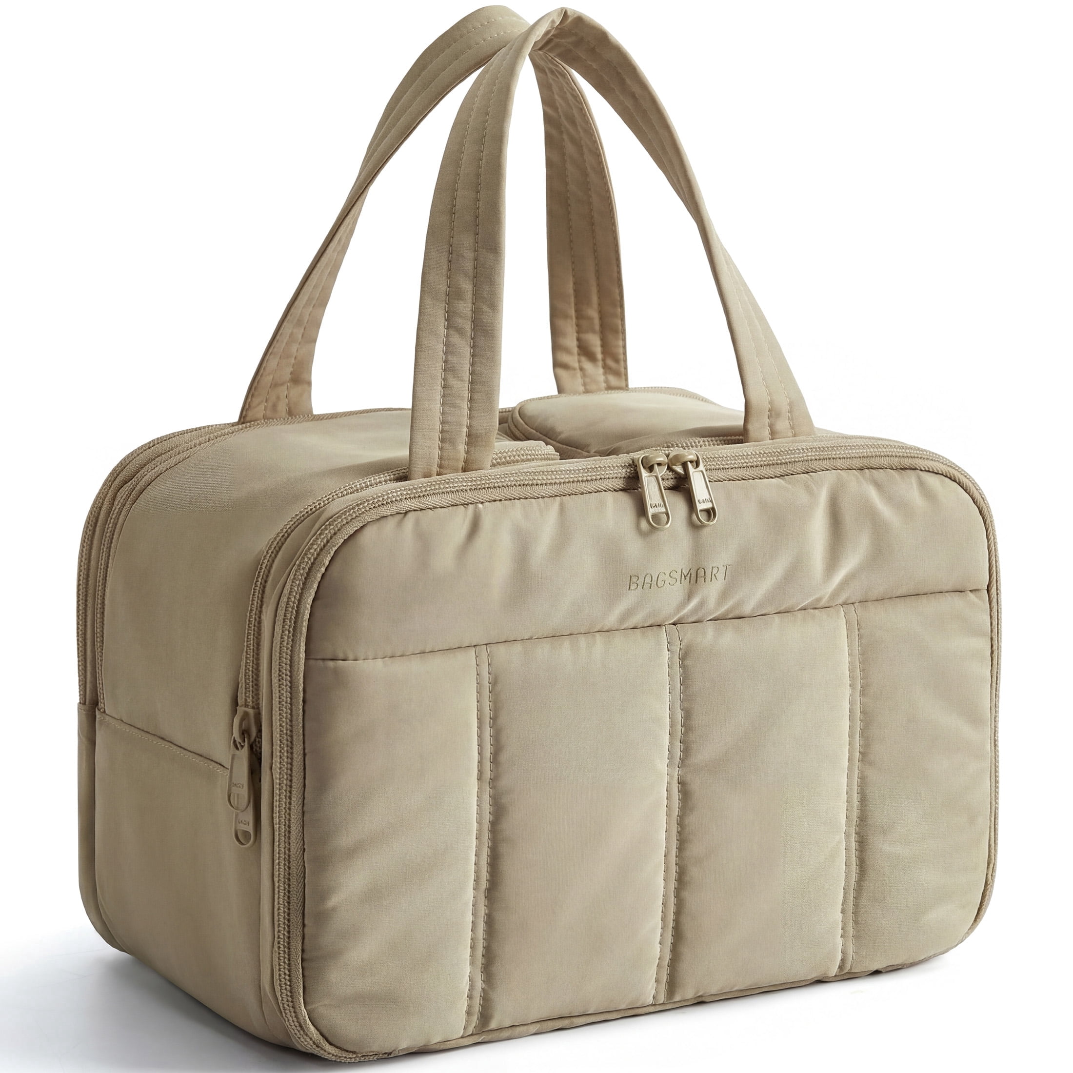 BAGSMART Travel Toiletry Bag, Puffy Large Toiletry Bag for Women, Lightweight Cosmetic Makeup Bag Organizer with Handle for Traveling, Accessories, Essentials, Toiletries, Camel