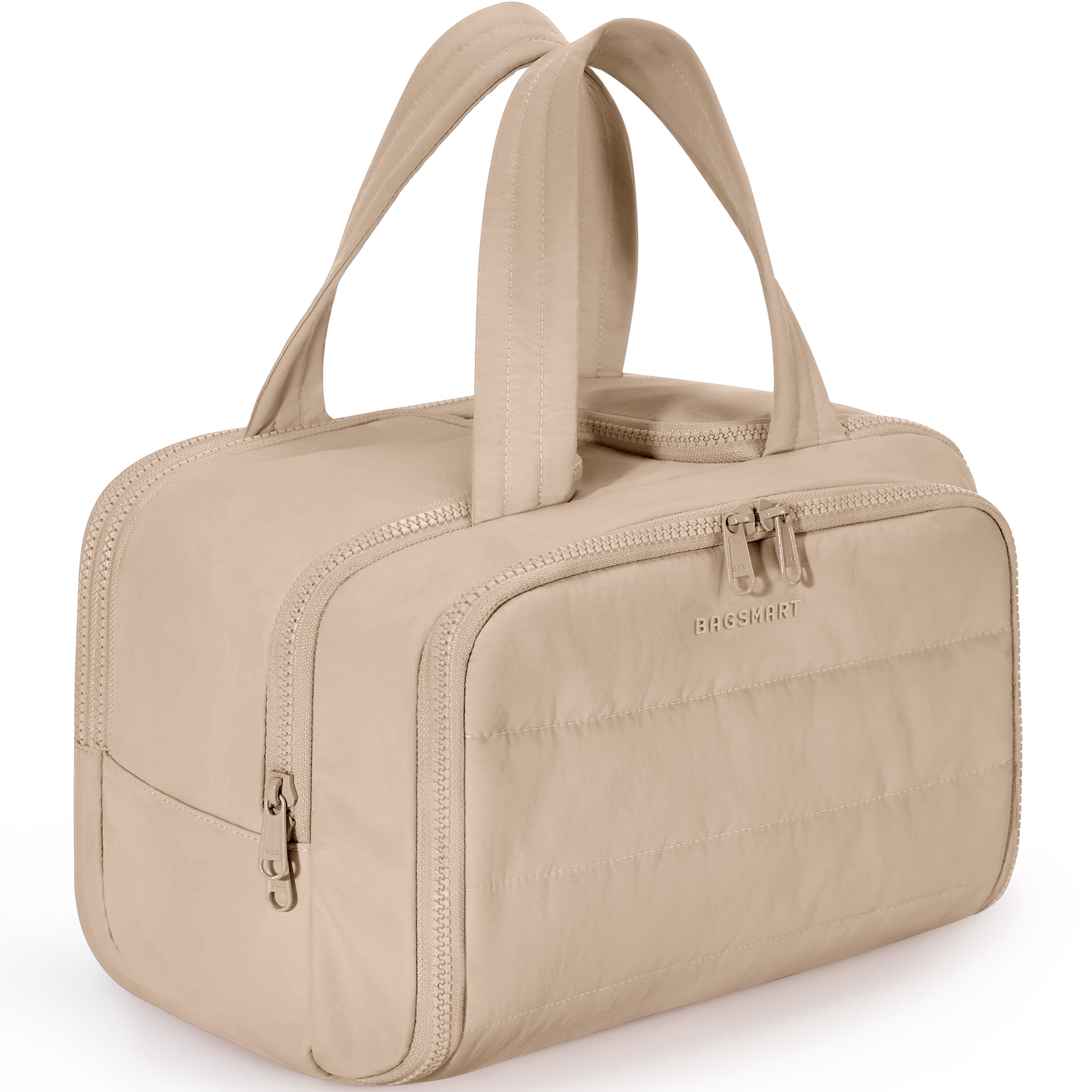BAGSMART Crush Toiletry Bag for Travel, Lightweight Large Wide-open Travel Bag for Women, Puffy Cosmetic Makeup Bag Organizer with Handle for Accessories,Essentials, Toiletries, Khaki