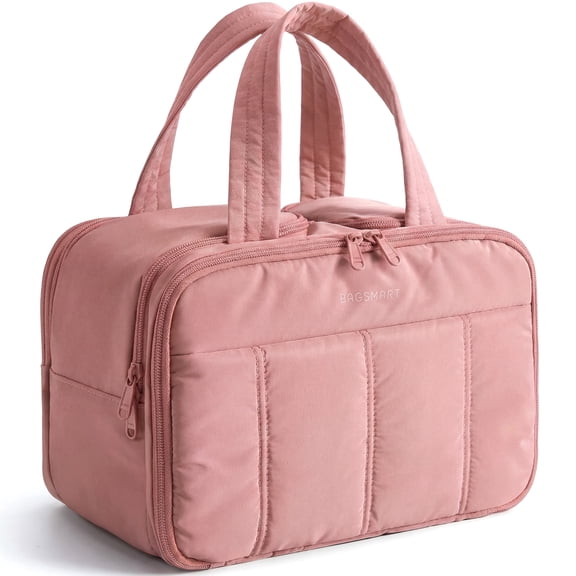 BAGSMART Travel Toiletry Bag, Puffy Large Toiletry Bag for Women, Lightweight Cosmetic Makeup Bag Organizer with Handle for Traveling, Accessories, Essentials, Toiletries, Dark Pink