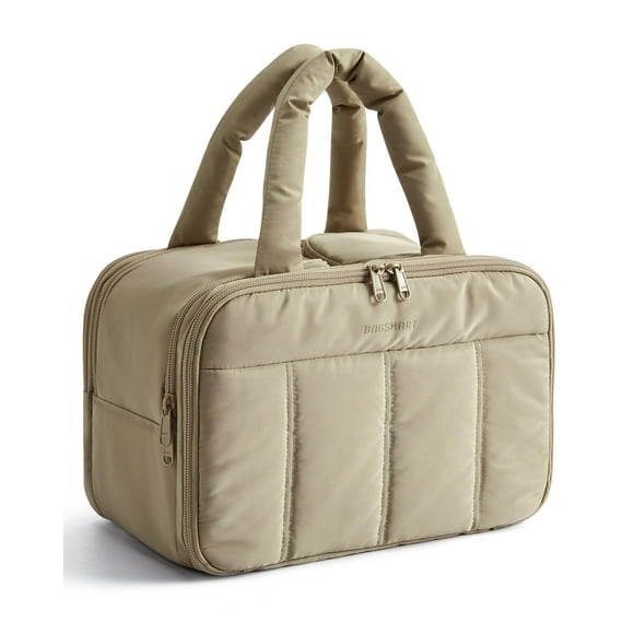 BAGSMART Travel Toiletry Bag, Puffy Large Toiletry Bag for Women, Lightweight Cosmetic Makeup Bag Organizer with Handle for Traveling, Accessories, Essentials, Toiletries, Camel