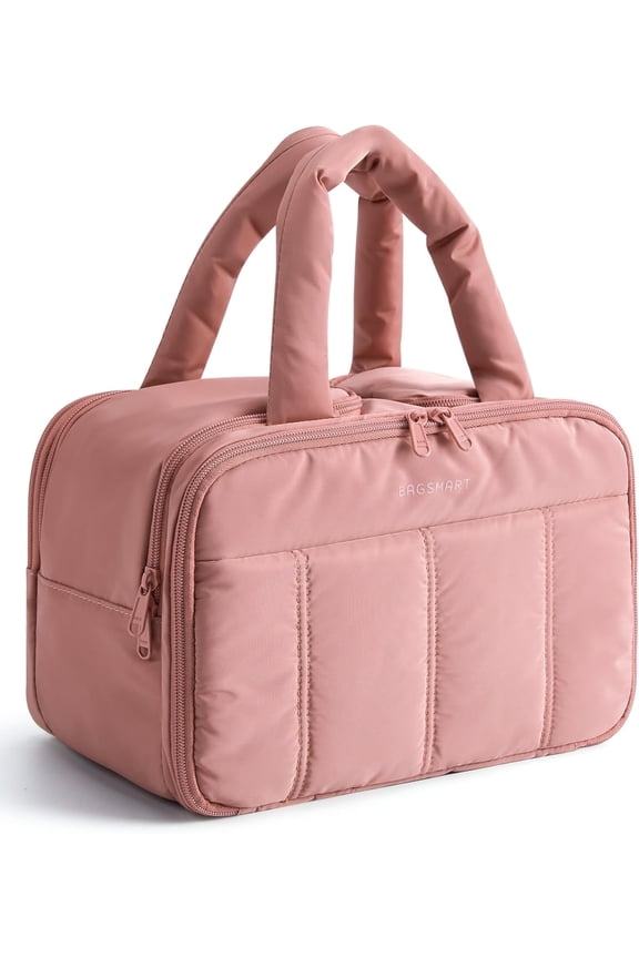 Travel Toiletry Bag, Puffy Large Toiletry Bag for Women, Lightweight Cosmetic Makeup Bag Organizer with Handle for Traveling, Accessories, Essentials, Toiletries, Dark Pink