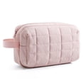 thumbnail image 1 of BAGSMART Toiletry Bag for Travel, Small Makeup Cosmetic Bag with Double Zippers & Handle, Water Resistant Shaving Pouch Organizer Dopp Kit for Toiletries Accessories, Pink  (Grid Quilted), 1 of 7
