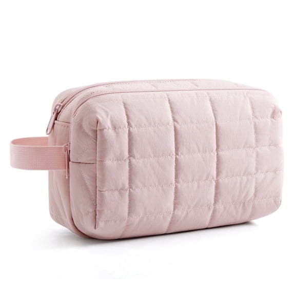 BAGSMART Toiletry Bag for Travel, Small Makeup Cosmetic Bag with Double Zippers & Handle, Water Resistant Shaving Pouch Organizer Dopp Kit for Toiletries Accessories, Pink (Grid Quilted)