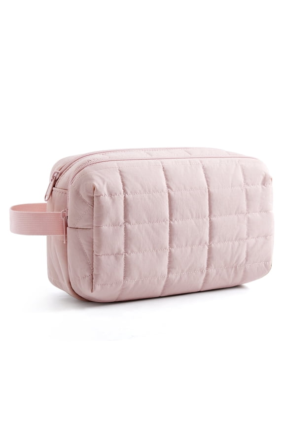 Toiletry Bag for Travel, Small Makeup Cosmetic Bag with Double Zippers & Handle, Water Resistant Shaving Pouch Organizer Dopp Kit for Toiletries Accessories, Pink (Grid Quilted)