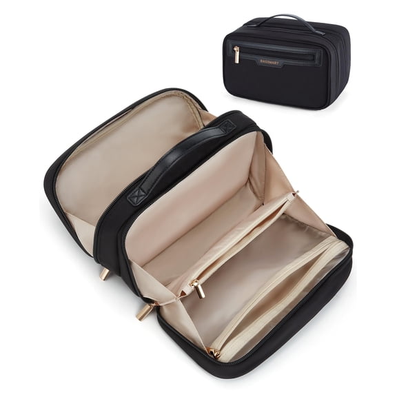 BAGSMART Travel Makeup Bag, Make Up Bag with Multiple Compartments for Organizer, Durable & Compact Cosmetic Organizer for Women for Travel Accessories, Black