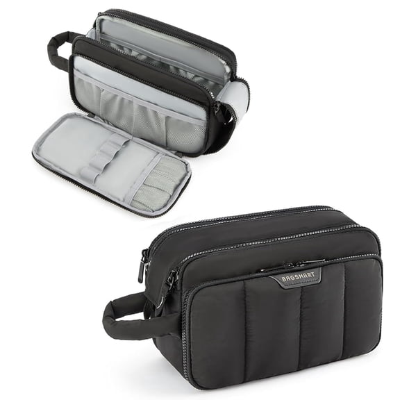 BAGSMART Travel Toiletry Bag for Women, Wide-open Makeup Bag Organizer, Puffy Make Up Case, Large Capacity Cosmetic Organizer for Women for Travel Essentials Toiletries Accessories Bottles,Black