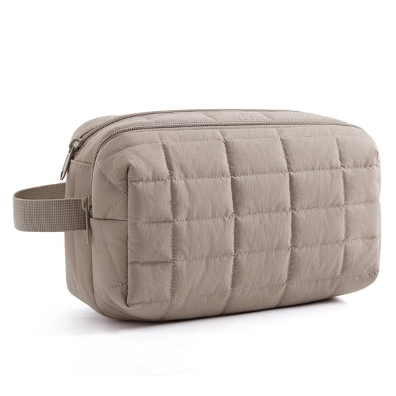 BAGSMART Toiletry Bag for Travel, Small Makeup Cosmetic Bag with Double Zippers & Handle, Water Resistant Shaving Pouch Organizer Dopp Kit for Toiletries Accessories, Camel (Grid Quilted)