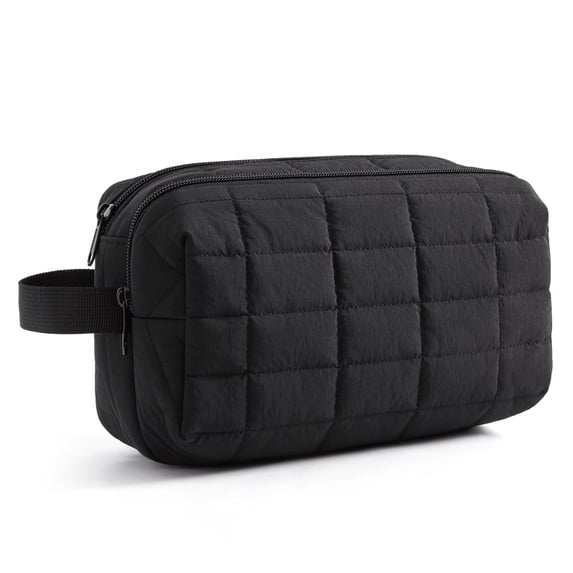 BAGSMART Toiletry Bag for Travel, Small Makeup Cosmetic Bag with Double Zippers & Handle, Water Resistant Shaving Pouch Organizer Dopp Kit for Toiletries Accessories, Black (Grid Quilted)