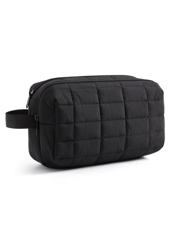Toiletry Bag for Travel, Small Makeup Cosmetic Bag with Double Zippers & Handle, Water Resistant Shaving Pouch Organizer Dopp Kit for Toiletries Accessories, Black (Grid Quilted)