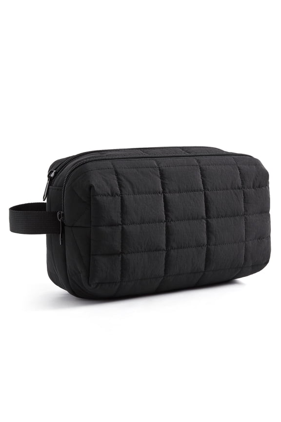 Toiletry Bag for Travel, Small Makeup Cosmetic Bag with Double Zippers & Handle, Water Resistant Shaving Pouch Organizer Dopp Kit for Toiletries Accessories, Black (Grid Quilted)