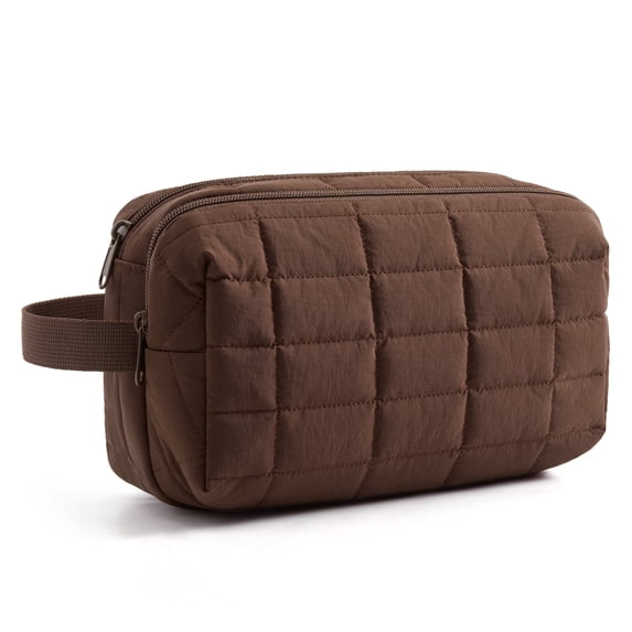 BAGSMART Toiletry Bag for Travel, Small Makeup Cosmetic Bag with Double Zippers & Handle, Water Resistant Shaving Pouch Organizer Dopp Kit for Toiletries Accessories, Coffee Brown (Grid Quilted)