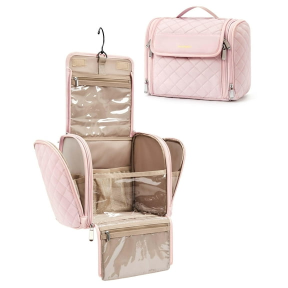 BAGSMART Makeup Bag for Women with Hanging Hook - Portable Cosmetic Case, Large Capacity Door Room Essentials Travel Organizer for Full Sized Cosmetics and Toiletries, Pink