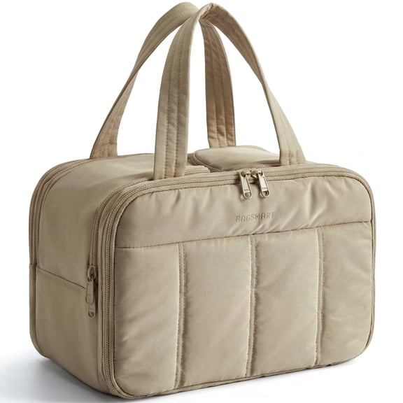 BAGSMART Travel Toiletry Bag, Puffy Large Toiletry Bag for Women, Lightweight Cosmetic Makeup Bag Organizer with Handle for Traveling, Accessories, Essentials, Toiletries, Camel