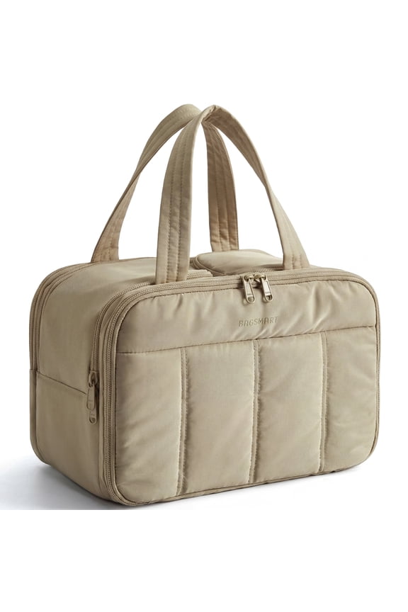 Travel Toiletry Bag, Puffy Large Toiletry Bag for Women, Lightweight Cosmetic Makeup Bag Organizer with Handle for Traveling, Accessories, Essentials, Toiletries, Camel
