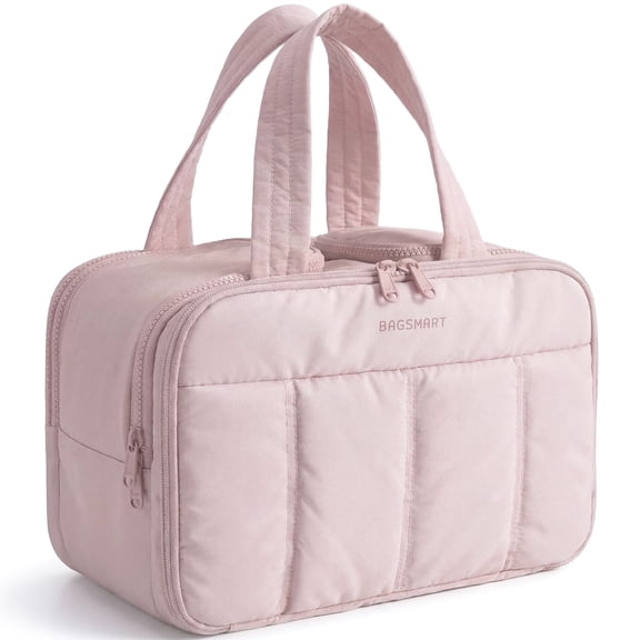 BAGSMART Travel Toiletry Bag, Puffy Large Toiletry Bag for Women, Lightweight Cosmetic Makeup Bag Organizer with Handle for Traveling, Accessories, Essentials, Toiletries，Pink