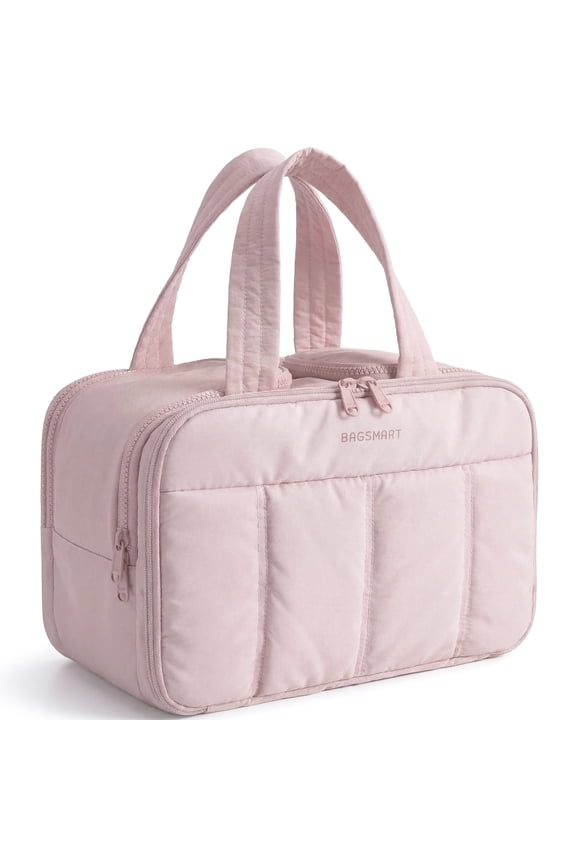 Travel Toiletry Bag, Puffy Large Toiletry Bag for Women, Lightweight Cosmetic Makeup Bag Organizer with Handle for Traveling, Accessories, Essentials, Toiletries,Pink