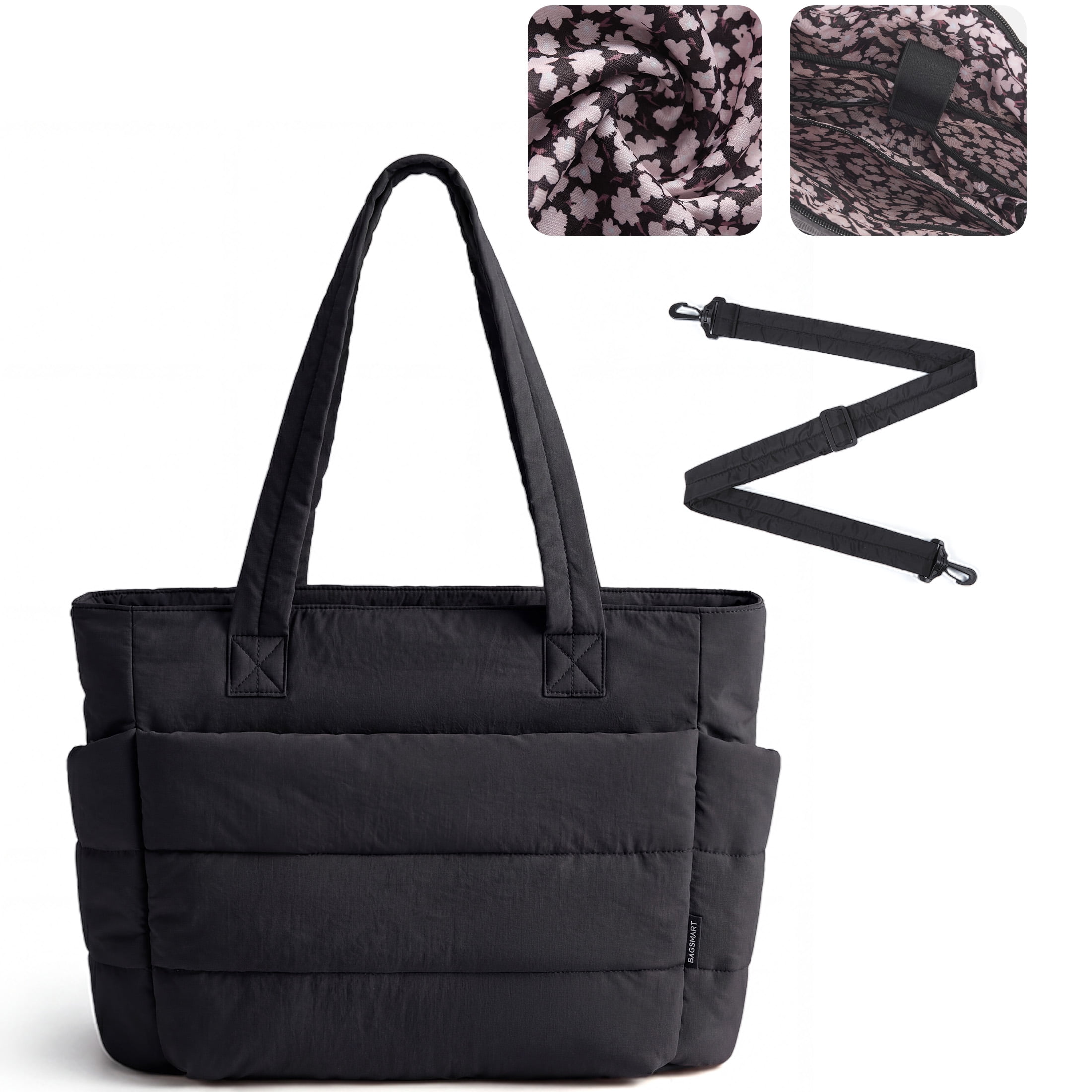 BAGSMART Tote Bag for Women, Lightweight Shoulder Bag with Compartments Puffy Handbag for Travel, Work, Beach, Gym, Shop, Black Floral Interior