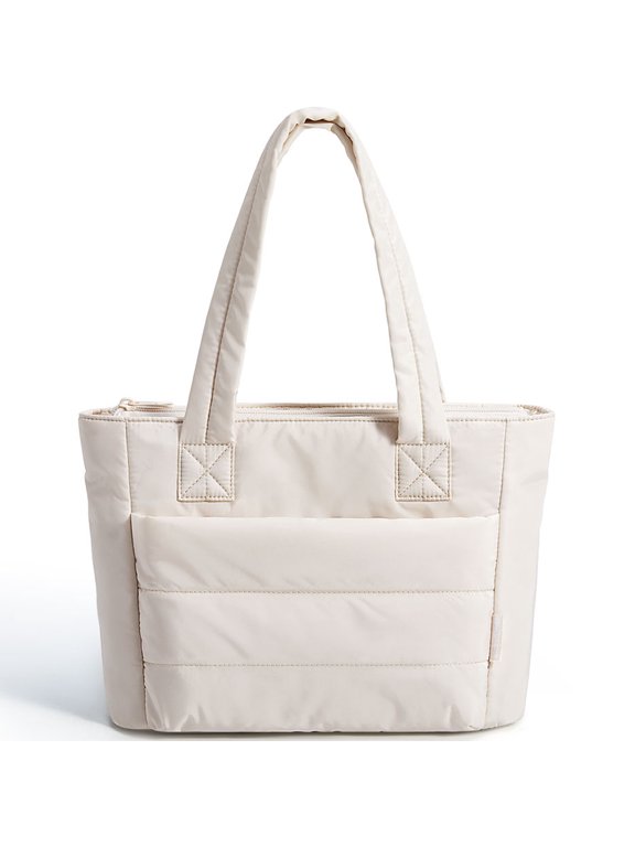 Tote Bag for Women, Lightweight Shoulder Bag with Compartments Puffy Handbag for Travel, Work, Beach, Gym, Shop, Cream-Basic