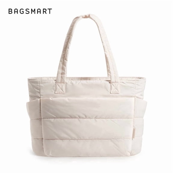 BAGSMART Tote Bag for Women, Lightweight Puffy Tote Bag for Travel, Work, Beach, Gym, Shop, Cream