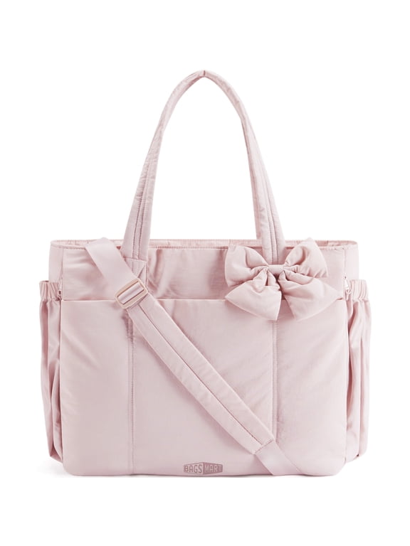 Crush Tote Bag for Women, Puffer Crossbody Laptop Bag for 15.6", Quilted Shoulder Bag with Compartments, Pink