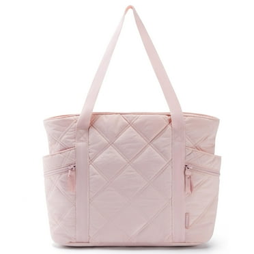 BAGSMART Tote Bag for Women, Puffer Tote Bag with Zipper, Travel Essentials Quilted Nurse Bag Carry On Bag for Travel Work, Pink