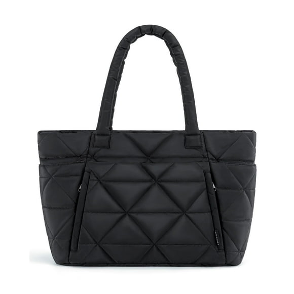 Tote Bag for Women, Puffy Tote Bag with Zipper, Large Quilted Shoulder Bag with Compartments for Travel, Work, Gym, Black