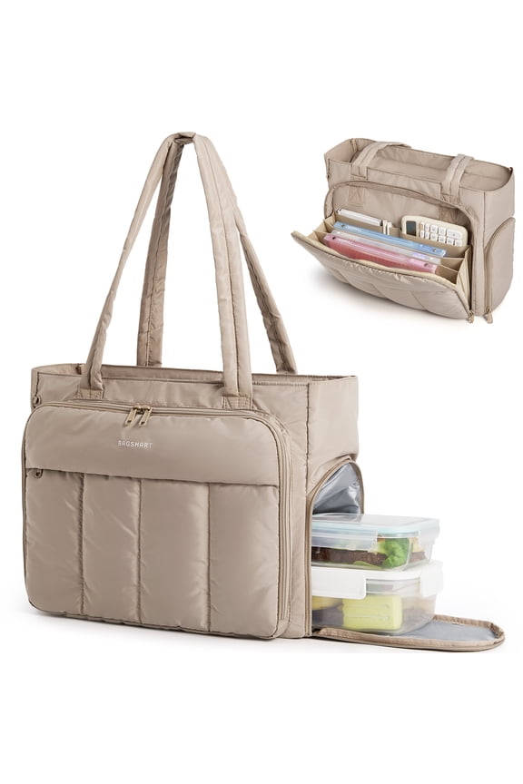 Tote Bag for Women, Teacher Tote with Insulated Compartment, Large Puffer Work Tote Handbags for Work, Camel