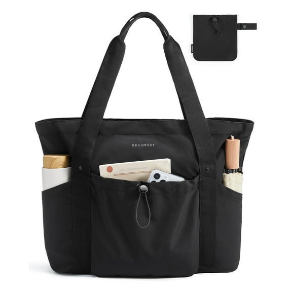 BAGSMART Tote Bag for Women, Tote Shoulder Bag with Laptop Compartment and Zipper Handbag for Travel, Work, Black