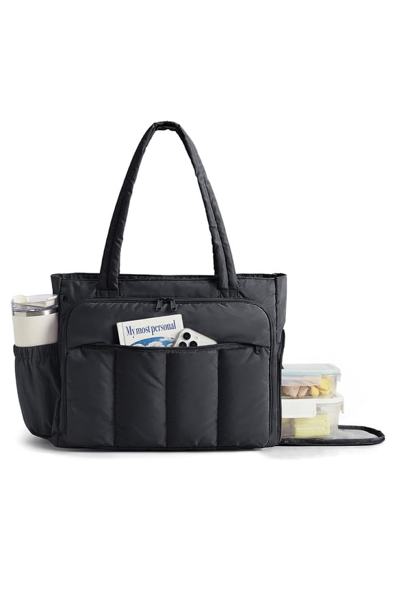 Tote Bag for Women, Teacher Tote with Insulated Compartment, Large Puffer Work Tote Handbags for Work, Black